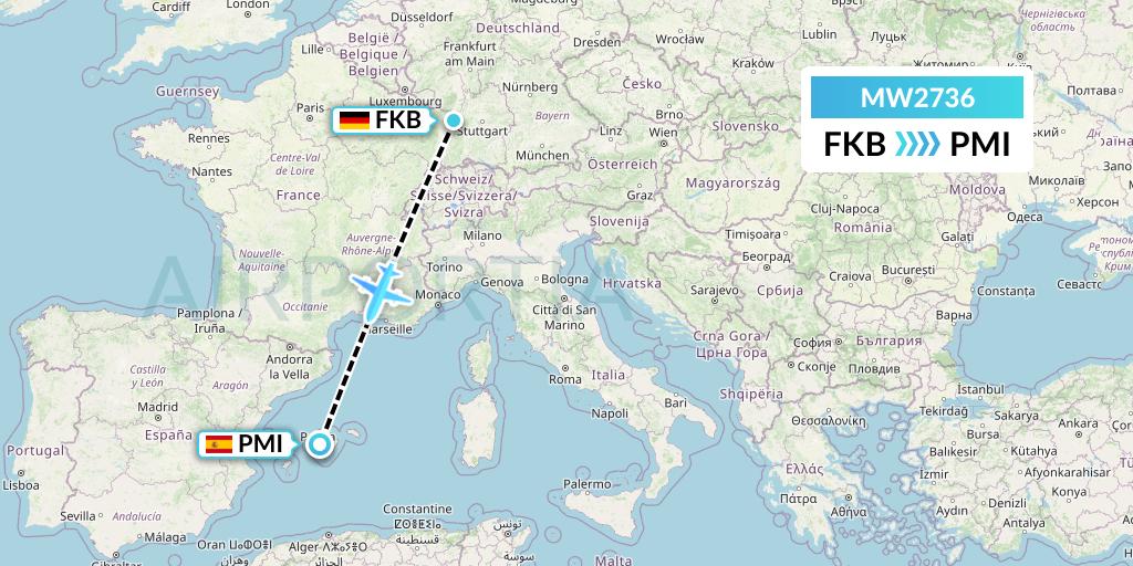 MW2736 Mokulele Flight Service Flight Map: Karlsruhe/Baden-Baden to Palma de Mallorca
