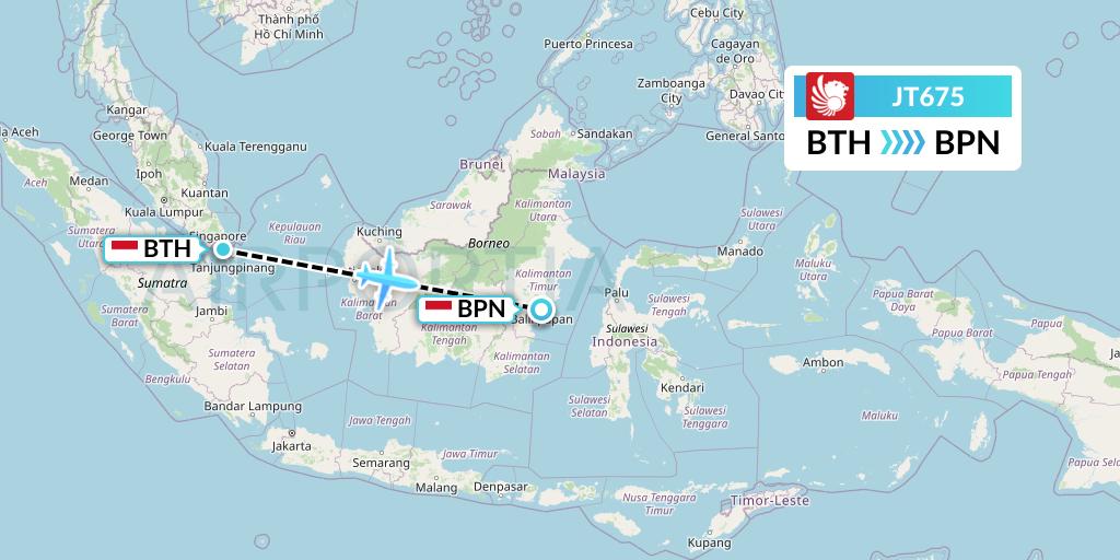 JT675 Lion Airlines Flight Map: Batam to Balikpapan