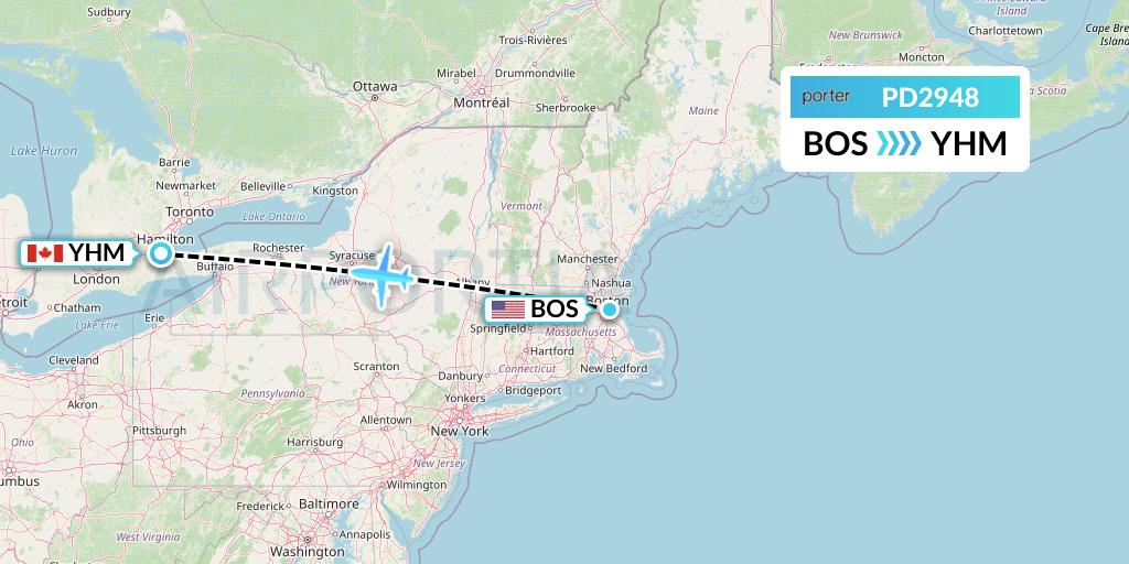 PD2948 Porter Airlines Flight Map: Boston to Hamilton