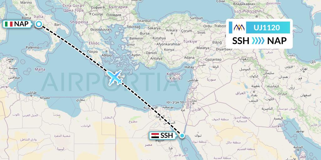 UJ1120 AlMasria Universal Airlines Flight Map: Sharm el-Sheikh to Naples