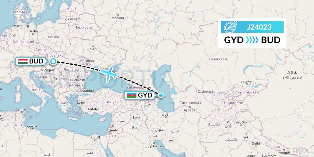J24023 Azerbaijan Airlines Flight Map: Baku to Budapest