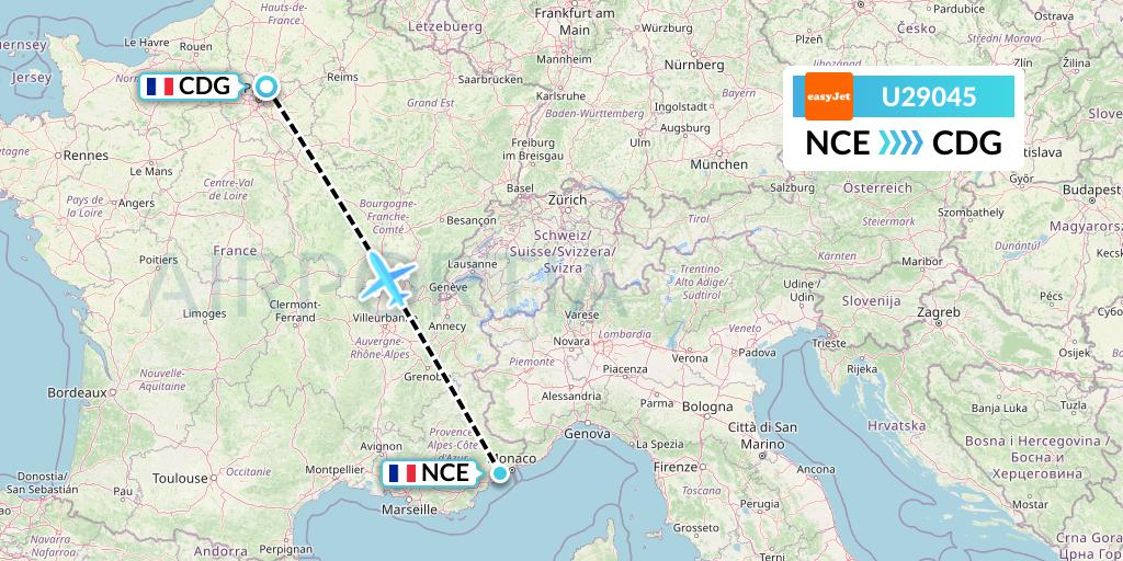 U29045 EasyJet Flight Map: Nice to Paris