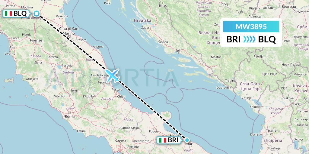 MW3895 Mokulele Flight Service Flight Map: Bari to Bologna