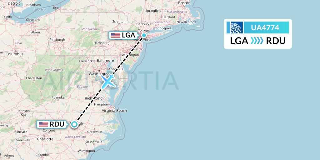 UA4774 United Airlines Flight Map: New York to Raleigh-Durham