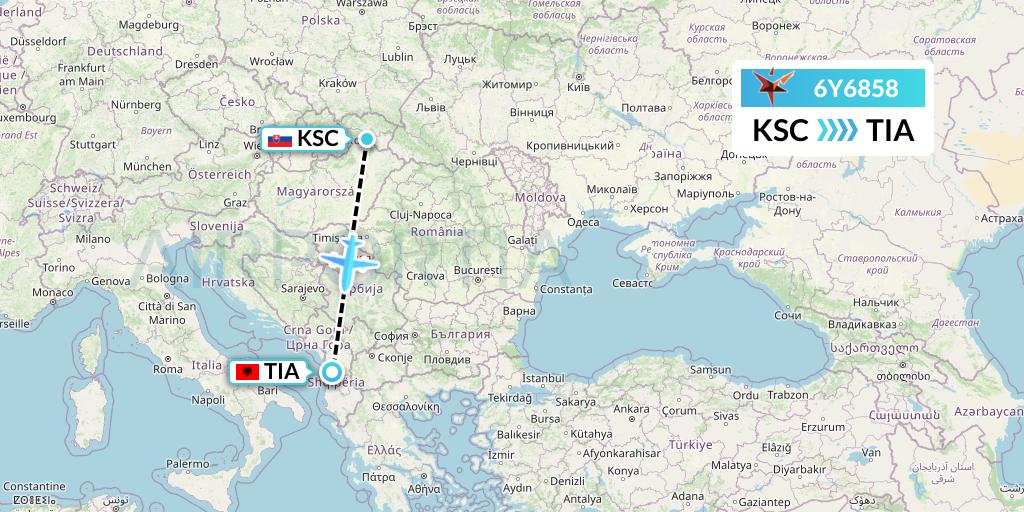 6Y6858 SmartLynx Flight Map: Kosice to Tirana