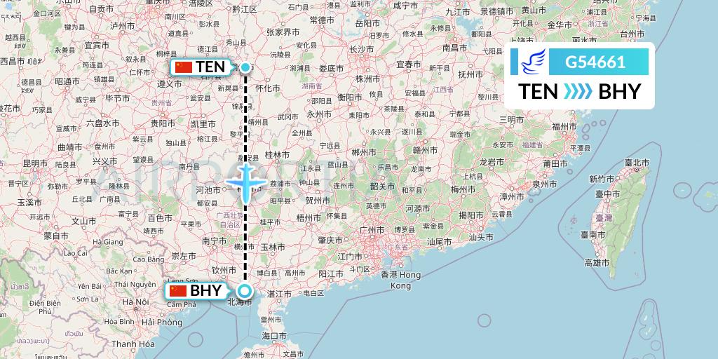 G54661 China Express Airlines Flight Map: Tongren to Beihai