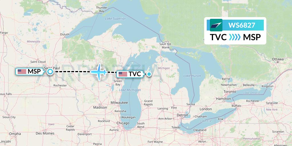 WS6827 WestJet Flight Map: Traverse City to Minneapolis