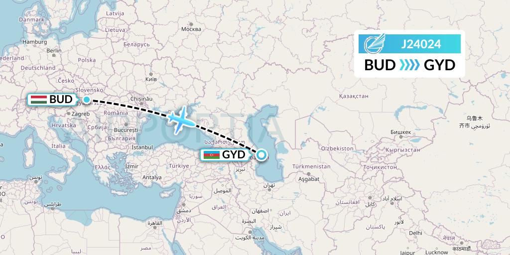 J24024 Azerbaijan Airlines Flight Map: Budapest to Baku