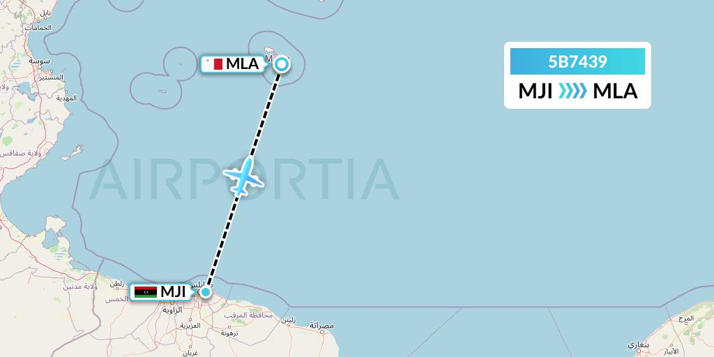 5B7439 Bassaka Air Limited Flight Map: Tripoli to Malta