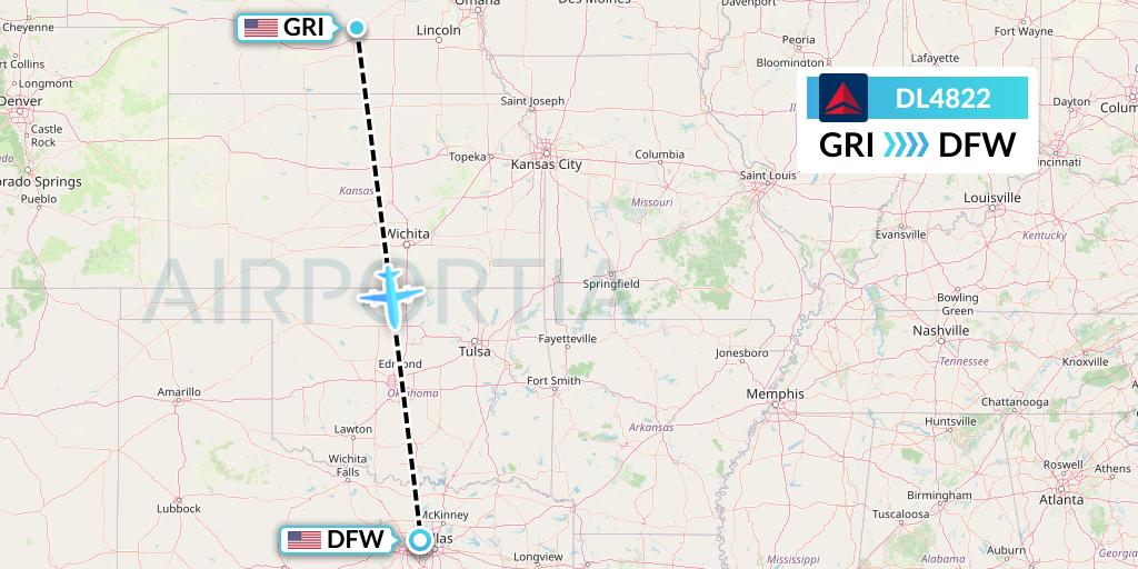 DL4822 Delta Air Lines Flight Map: Grand Island to Dallas