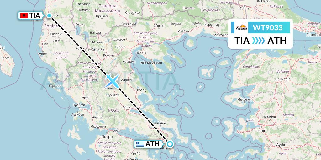 WT9033 Swiftair Flight Map: Tirana to Athens
