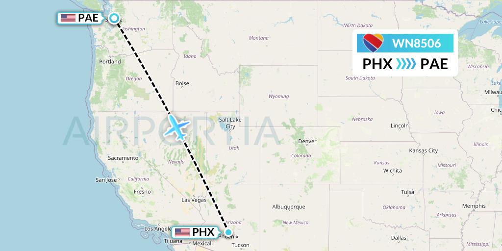 WN8506 Southwest Airlines Flight Map: Phoenix to Everett