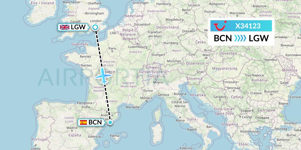 X34123 TUI fly Germany Flight Map: Barcelona to London
