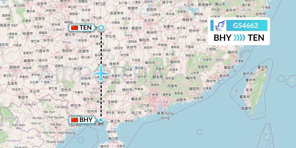 G54662 China Express Airlines Flight Map: Beihai to Tongren