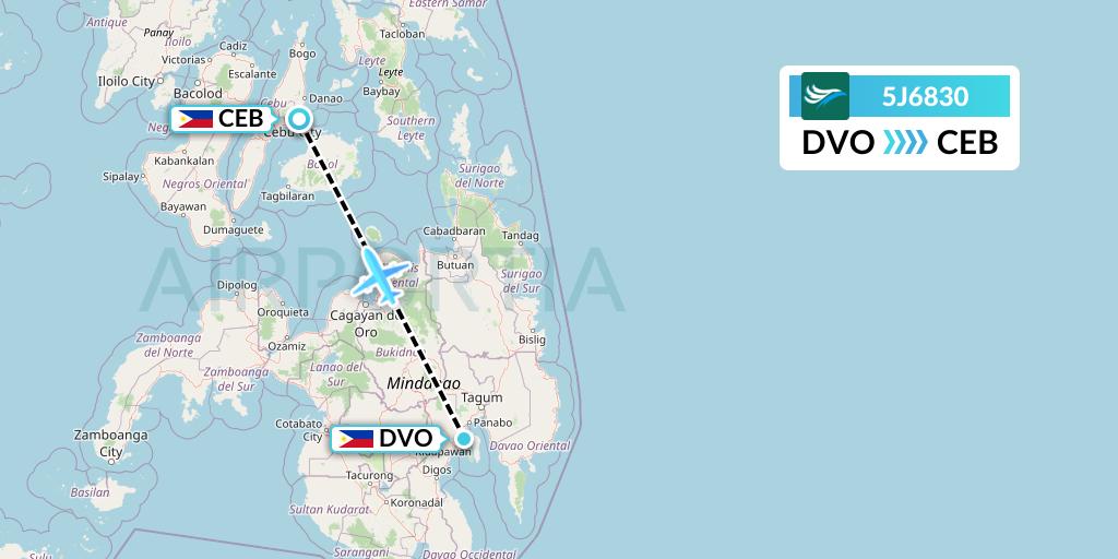 5J6830 CEBU Pacific Air Flight Map: Davao City to Cebu