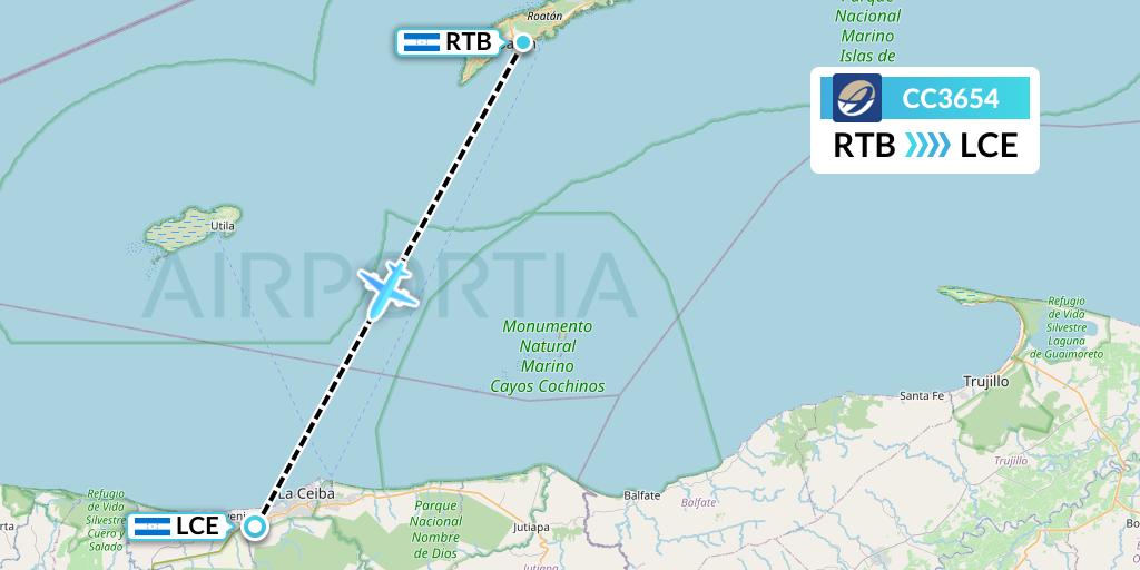 CC3654 CM Airlines Flight Map: Roatan to La Ceiba