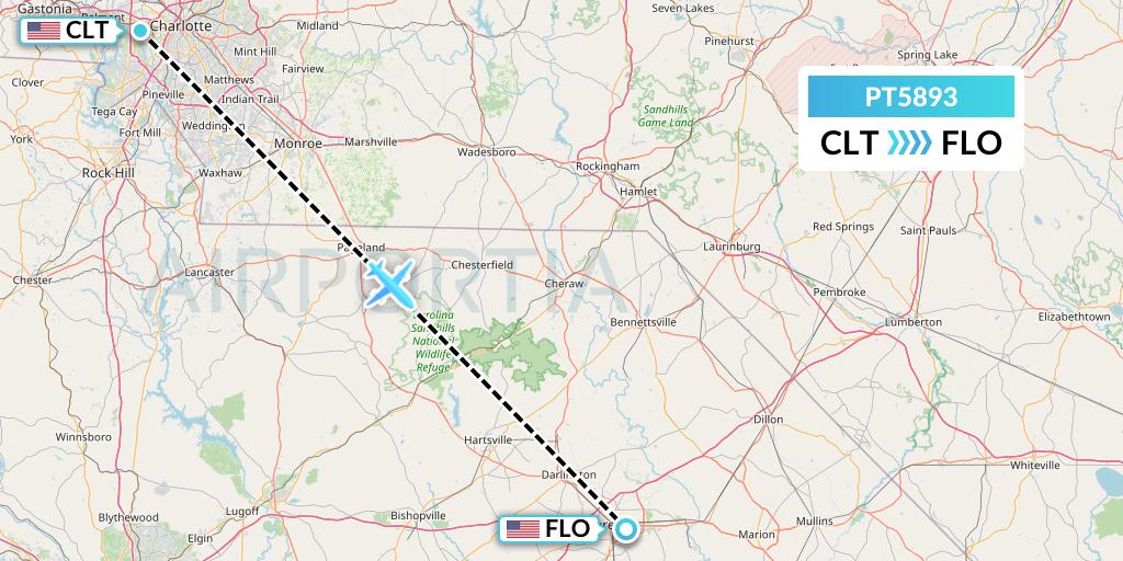 PT5893 Piedmont Airlines Flight Map: Charlotte to Florence