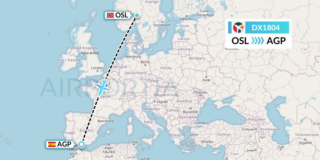 DX1804 Danish Air Transport Flight Map: Oslo to Malaga