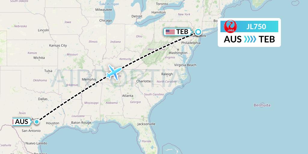 JL750 Japan Airlines Flight Map: Austin to Teterboro