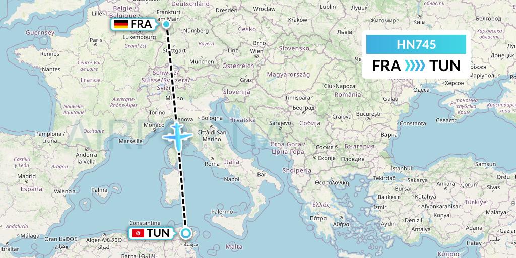 HN745 Uab Heston Airlines Jsc Heston Airl Flight Map: Frankfurt to Tunis