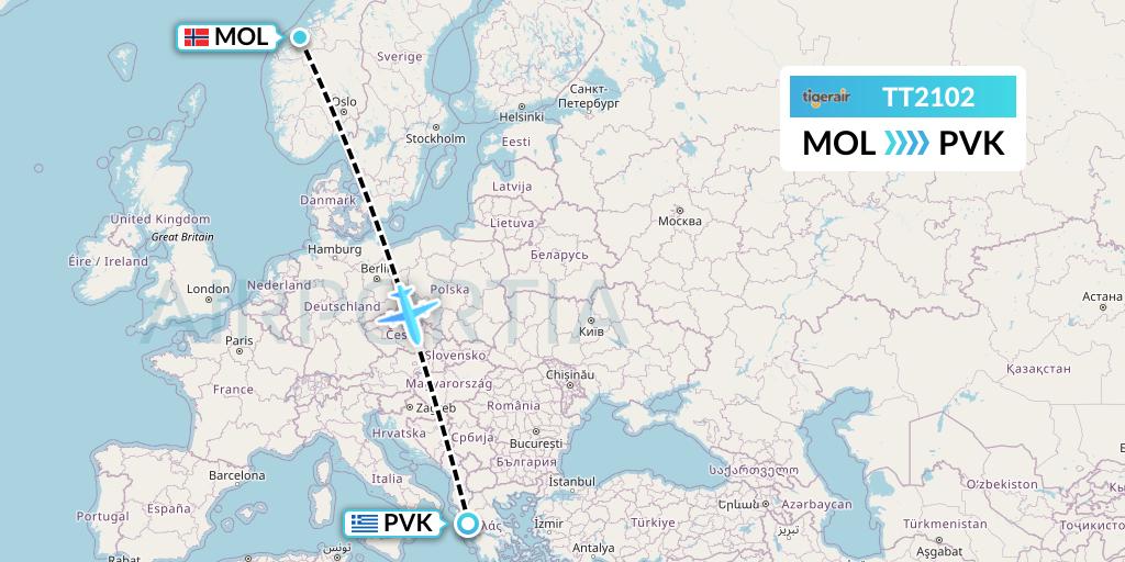 TT2102 Tigerair Australia Flight Map: Molde to Preveza