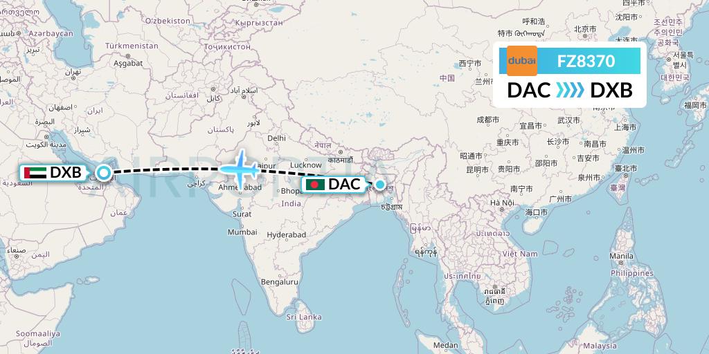 FZ8370 FlyDubai Flight Map: Dhaka to Dubai