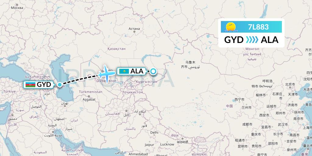 7L883 Silk Way West Airlines Flight Map: Baku to Almaty