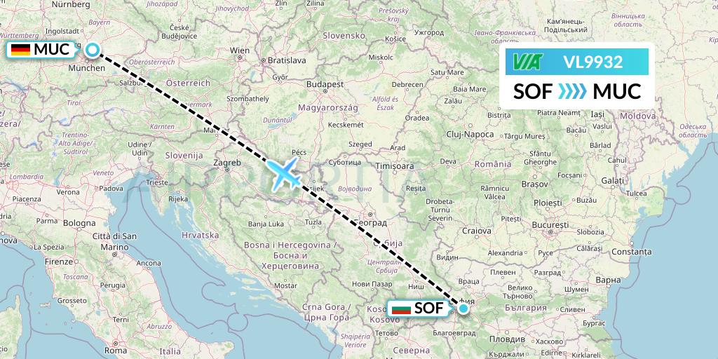 VL9932 Air Via Flight Map: Sofia to Munich