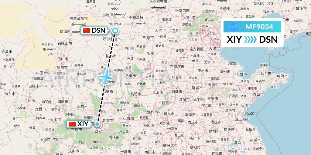 MF9034 Xiamen Airlines Flight Map: Xi'an to Dongsheng
