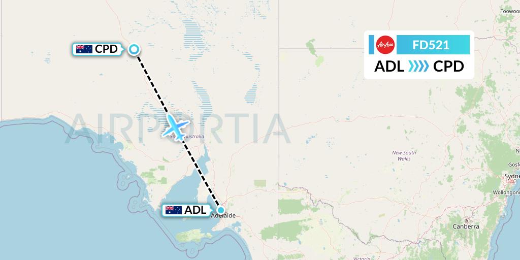 FD521 Thai AirAsia Flight Map: Adelaide to Coober Pedy