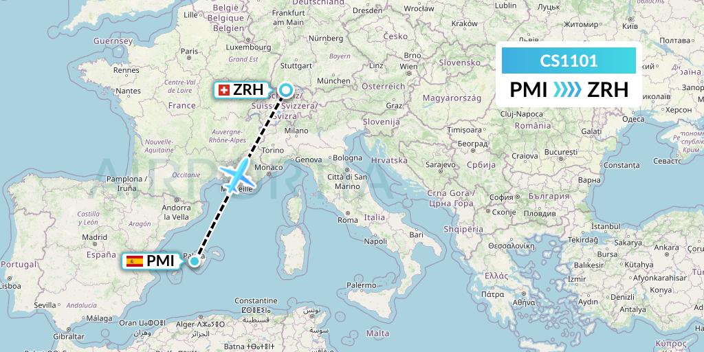 CS1101 Continental Micronesia Flight Map: Palma de Mallorca to Zurich