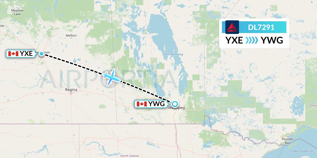 DL7291 Delta Air Lines Flight Map: Saskatoon to Winnipeg