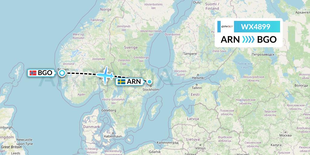 WX4899 Cityjet Flight Map: Stockholm to Bergen