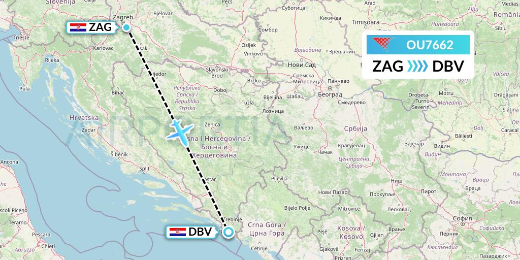 OU7662 Croatia Airlines Flight Map: Zagreb to Dubrovnik