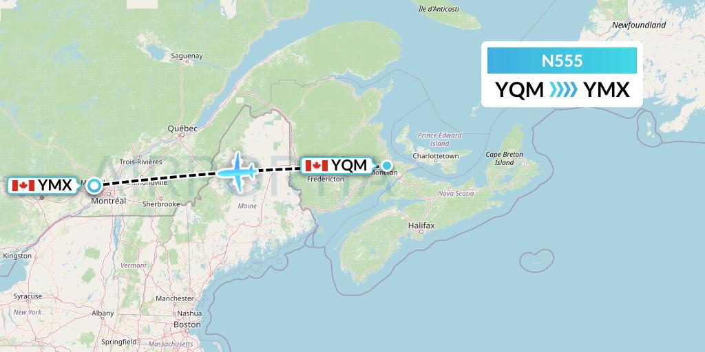 N555 Nolinor Aviation Flight Map: Moncton to Montreal