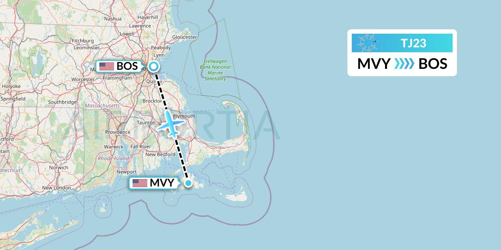 TJ23 Tradewind Aviation Flight Map: Martha's Vineyard to Boston
