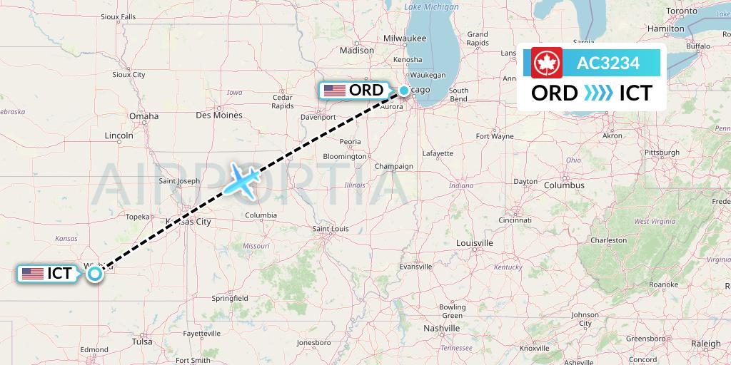 AC3234 Air Canada Flight Map: Chicago to Wichita