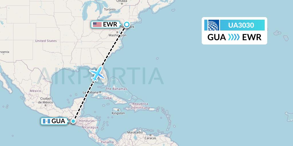 UA3030 United Airlines Flight Map: Guatemala City to New York