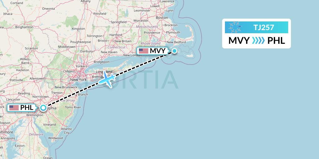 TJ257 Tradewind Aviation Flight Map: Martha's Vineyard to Philadelphia