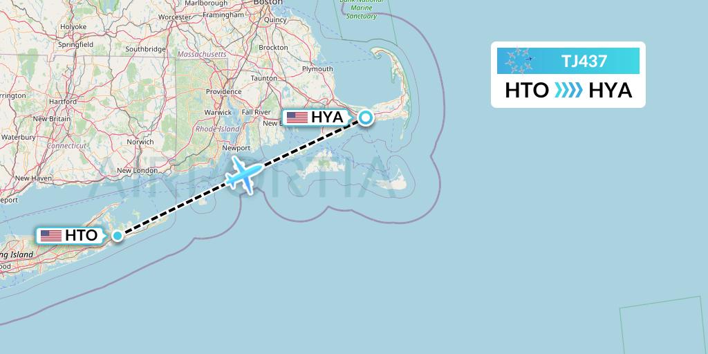 TJ437 Tradewind Aviation Flight Map: East Hampton to Hyannis