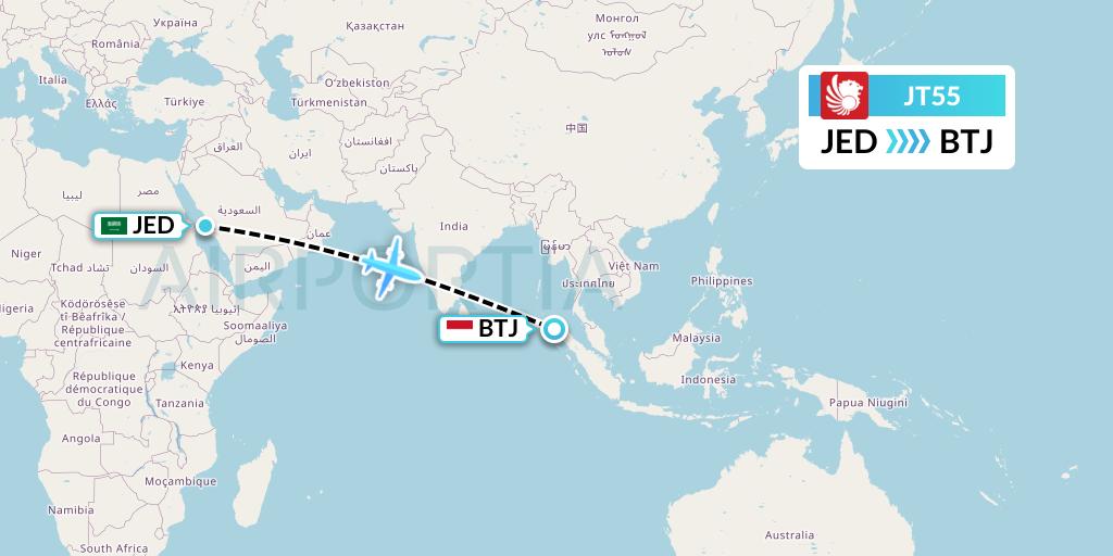 JT55 Lion Airlines Flight Map: Jeddah to Banda Aceh