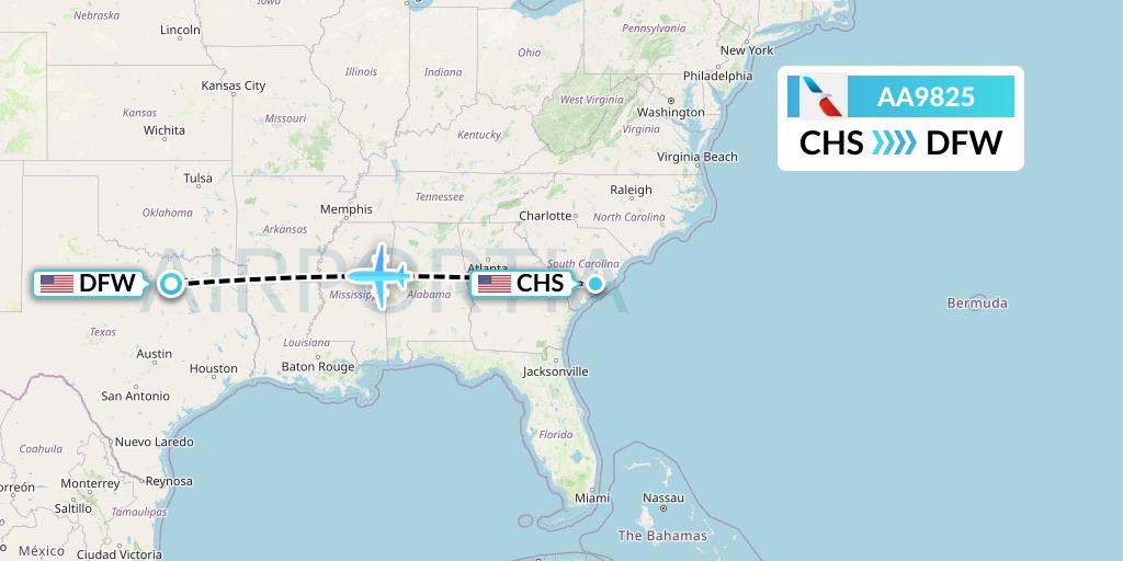 AA9825 American Airlines Flight Map: Charleston to Dallas