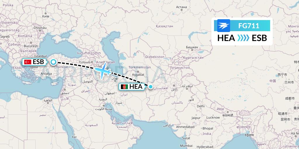 FG711 Ariana Afghan Airlines Flight Map: Herat to Ankara