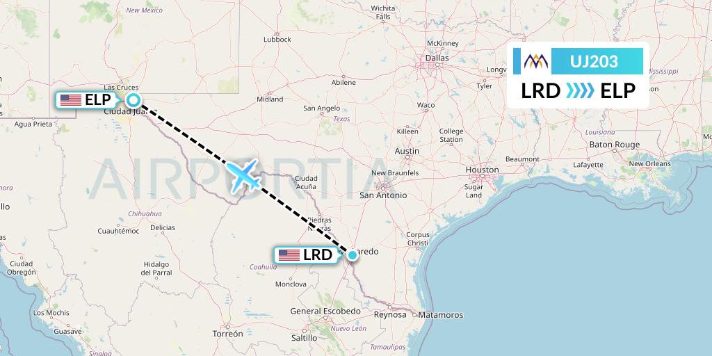 UJ203 AlMasria Universal Airlines Flight Map: Laredo to El Paso