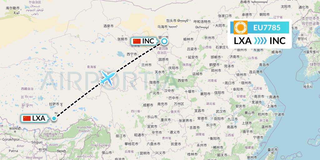 EU7785 Chengdu Airlines Flight Map: Lhasa to Yinchuan