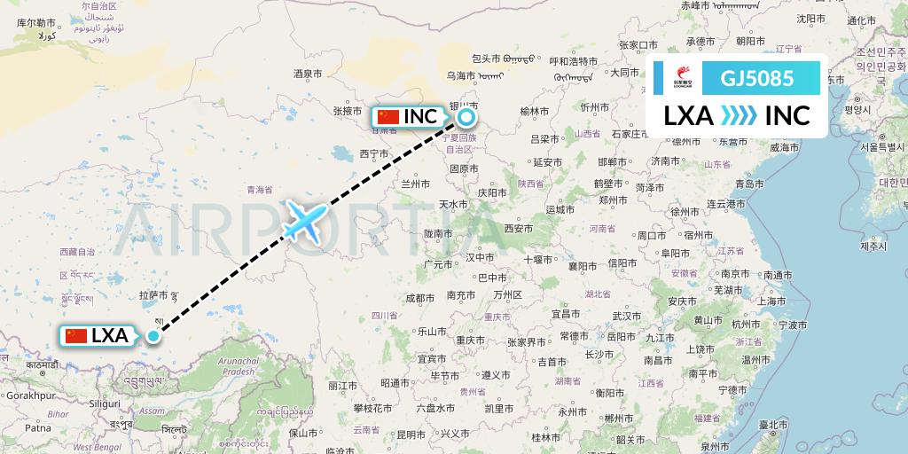 GJ5085 Loong Airlines Flight Map: Lhasa to Yinchuan