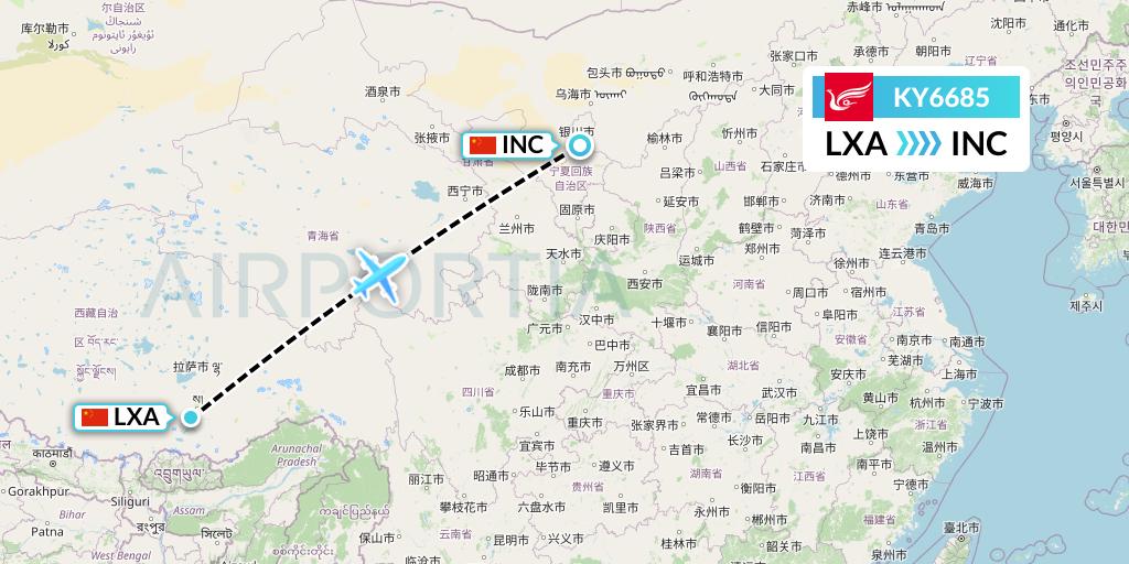 KY6685 Kunming Airlines Flight Map: Lhasa to Yinchuan
