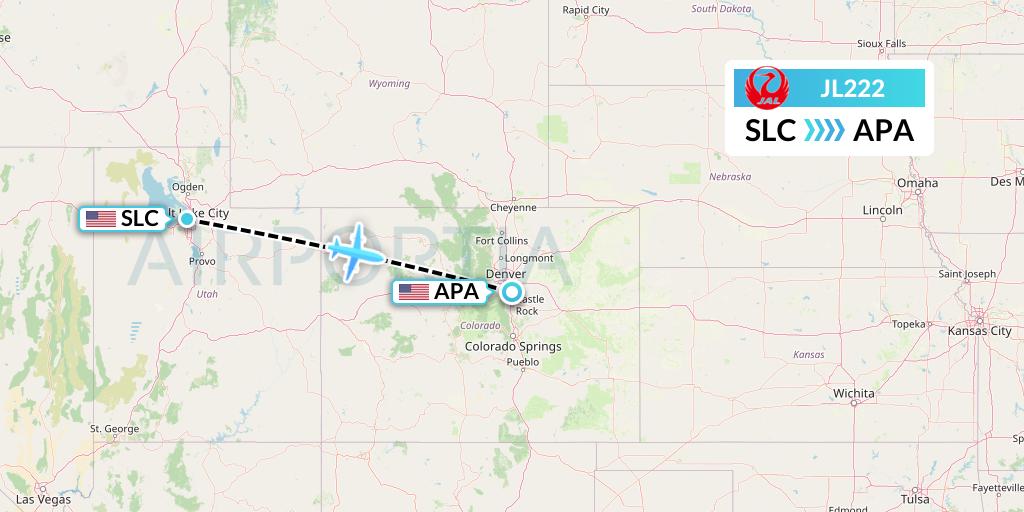 JL222 Japan Airlines Flight Map: Salt Lake City to Denver