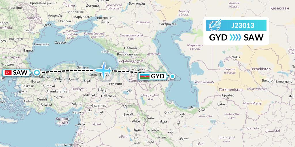 J23013 Azerbaijan Airlines Flight Map: Baku to Istanbul