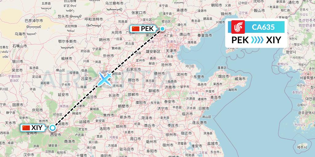 CA635 Air China Flight Map: Beijing to Xi'an